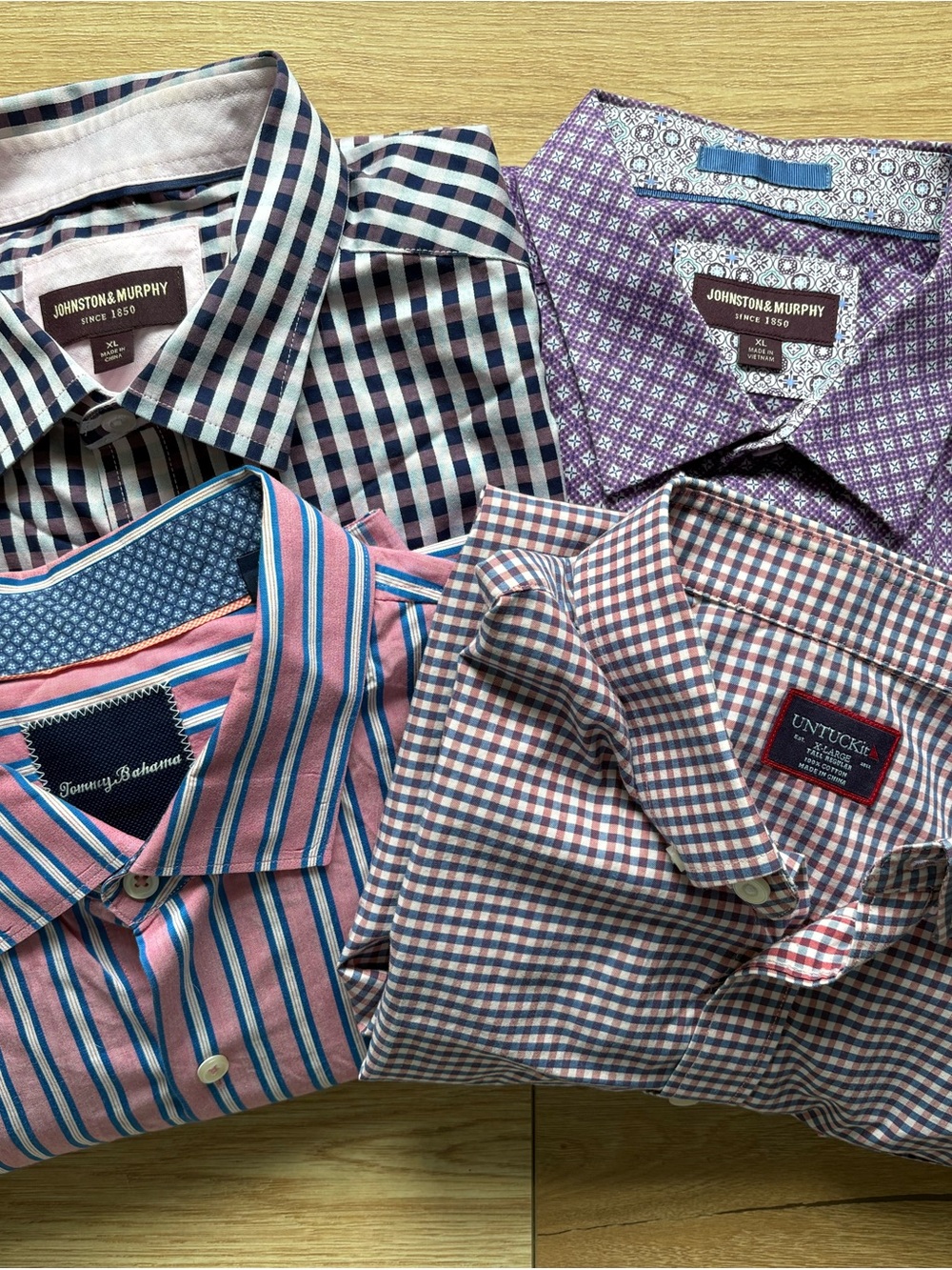 Bundle of FOUR dress shirts. Untuck It, Tommy Bahama, and Johnston & Murphy.